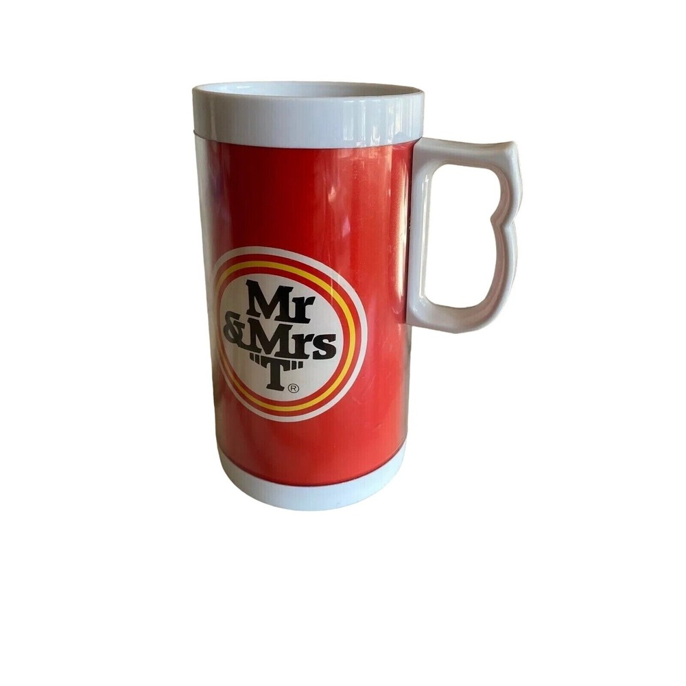 Thermo-Serv Insulated Mug Red Mr & Mrs T Bloody Mary Mix Vintage Plastic USA